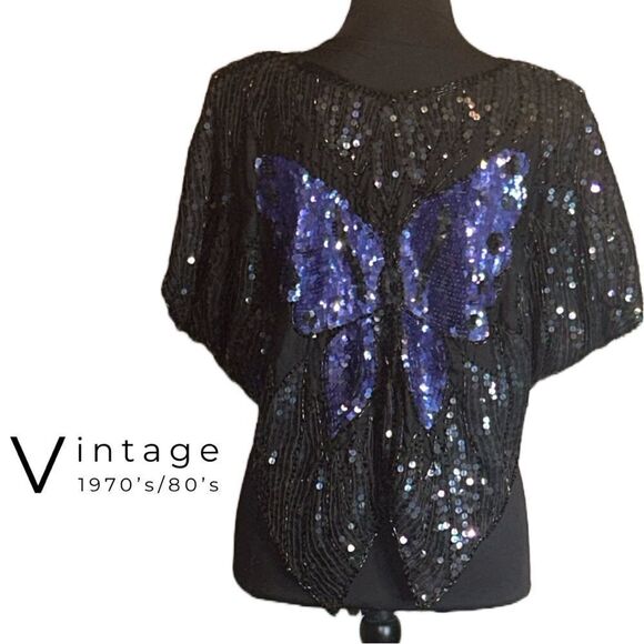VINTAGE 1970’s/80’s 100% Silk Sequin Formal‎ Butterfly Top - Picture 2 of 4